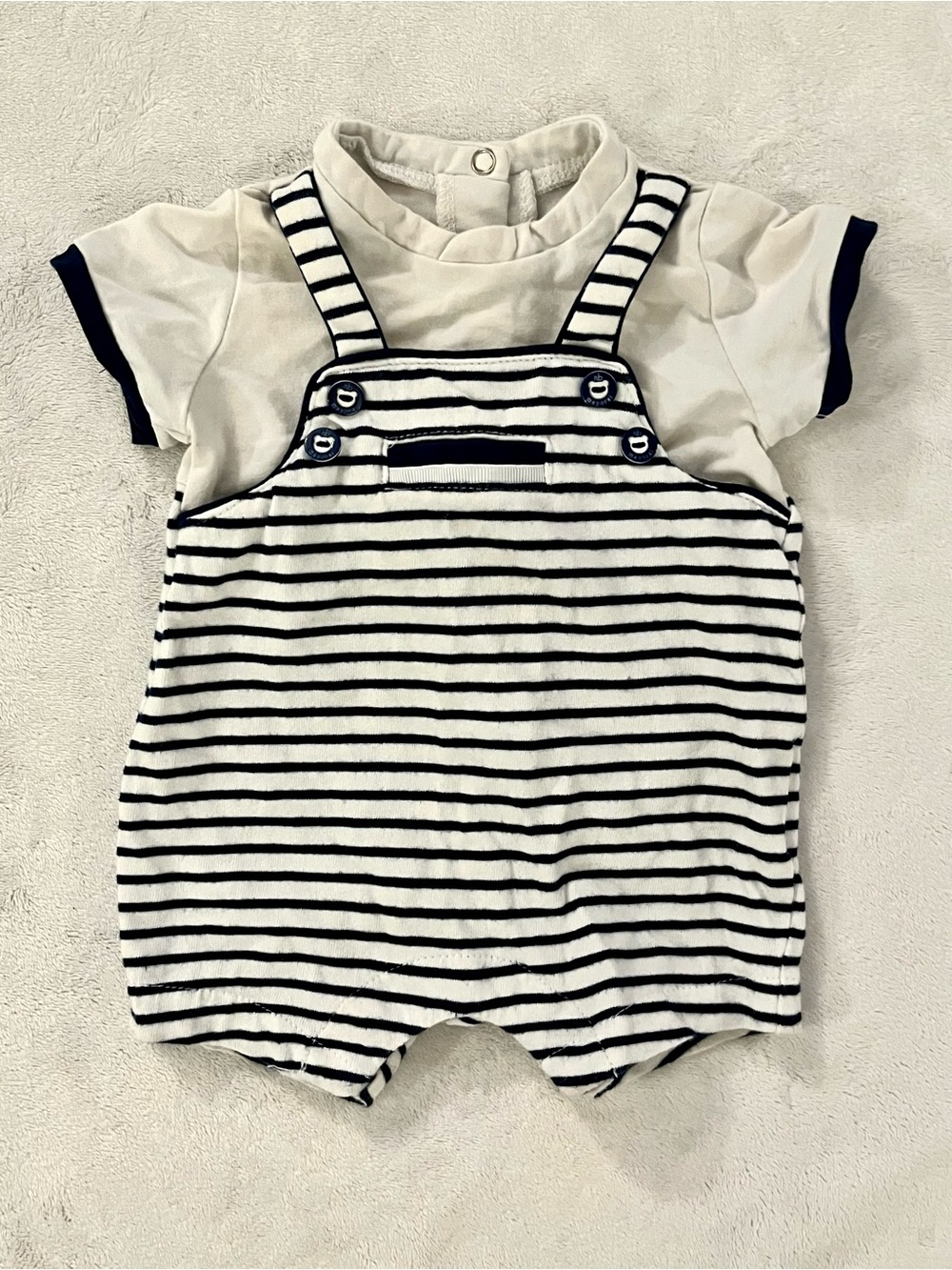 Mayoral Baby Boy Shortalls Romper Set Blue Stripe Faux Overalls 0-3M EUC